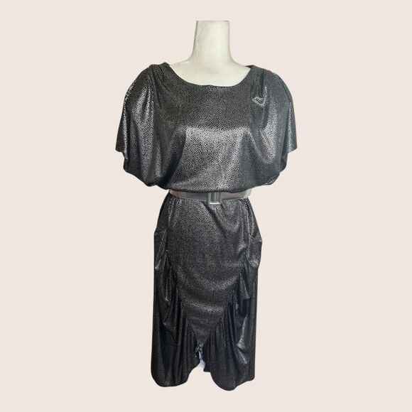 🪩 VTG 80s VARIATIONS SILVER POLKA DOT RUCHED DISCO SHORT DOLMAN SLEEVE DRESS XL - Picture 2 of 12